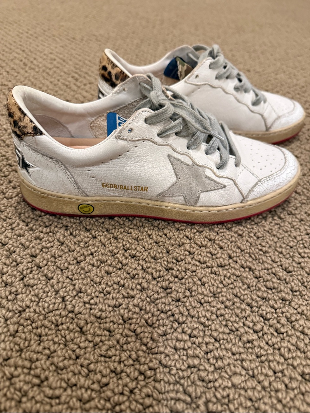 Golden Goose Kids White Leather Sneakers with Gray Star and Leopard Heel Accent